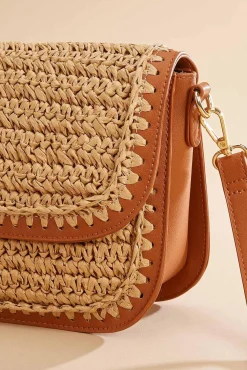 Women Versona Faux Leather Trim Straw Crossbody