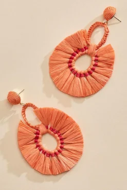 Women Versona Orange Raffia Fan Earrings