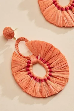 Women Versona Orange Raffia Fan Earrings