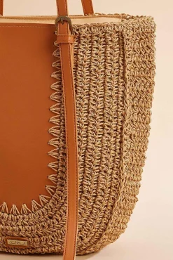 Women Versona Straw Faux Leather Panel Tote