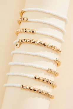 Women Versona White And Gold Beaded Bracelet Set